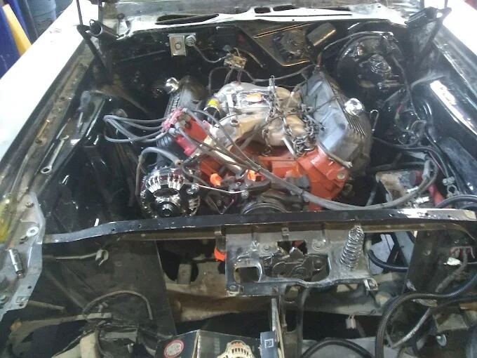 Engine bay during a rebuild