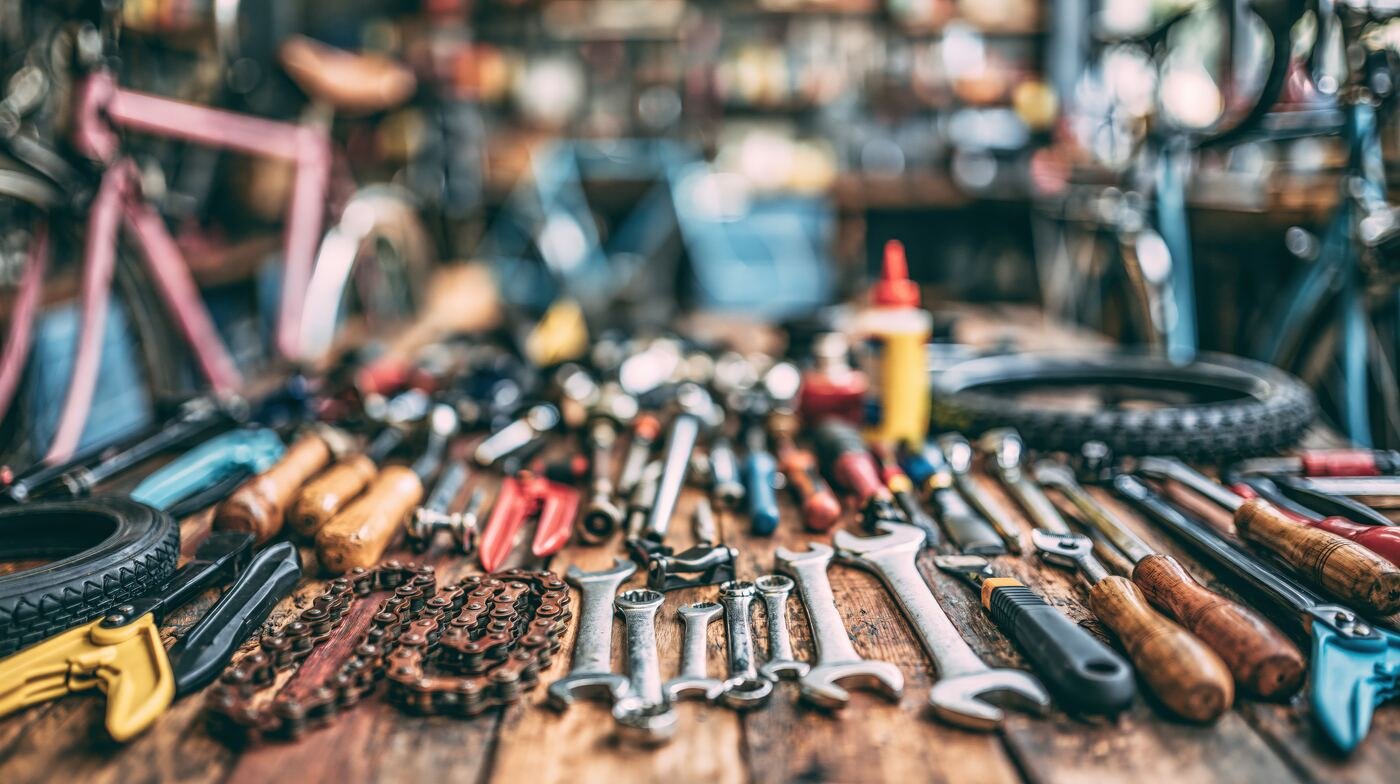 Hand tools laid out on a workbench