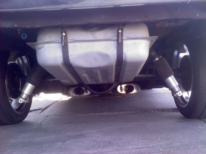 Custom dual exhaust tips viewed from underneath a car